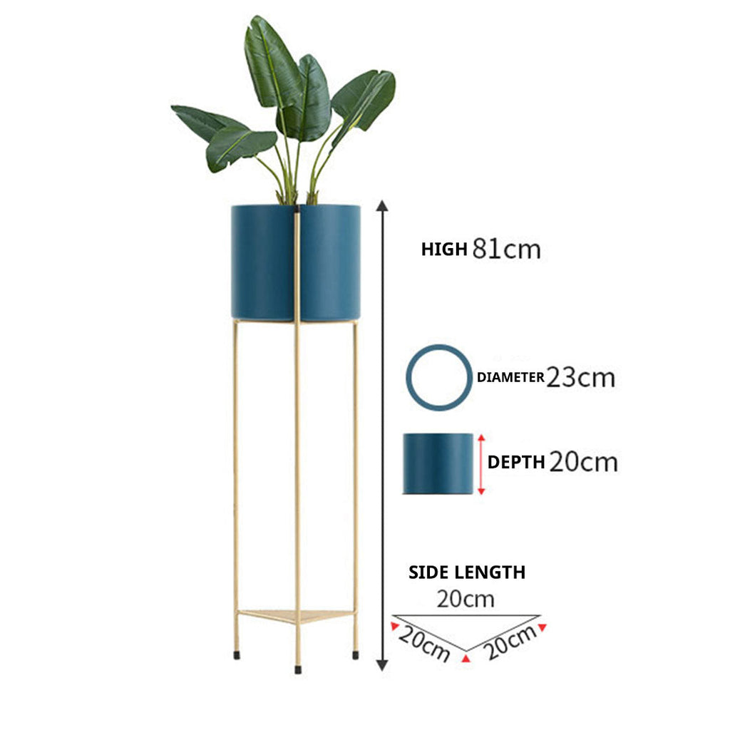 NNEAGS 4X 2 Layer 81cm Gold Metal Plant Stand with Blue Flower Pot Holder Corner Shelving Rack Indoor Display