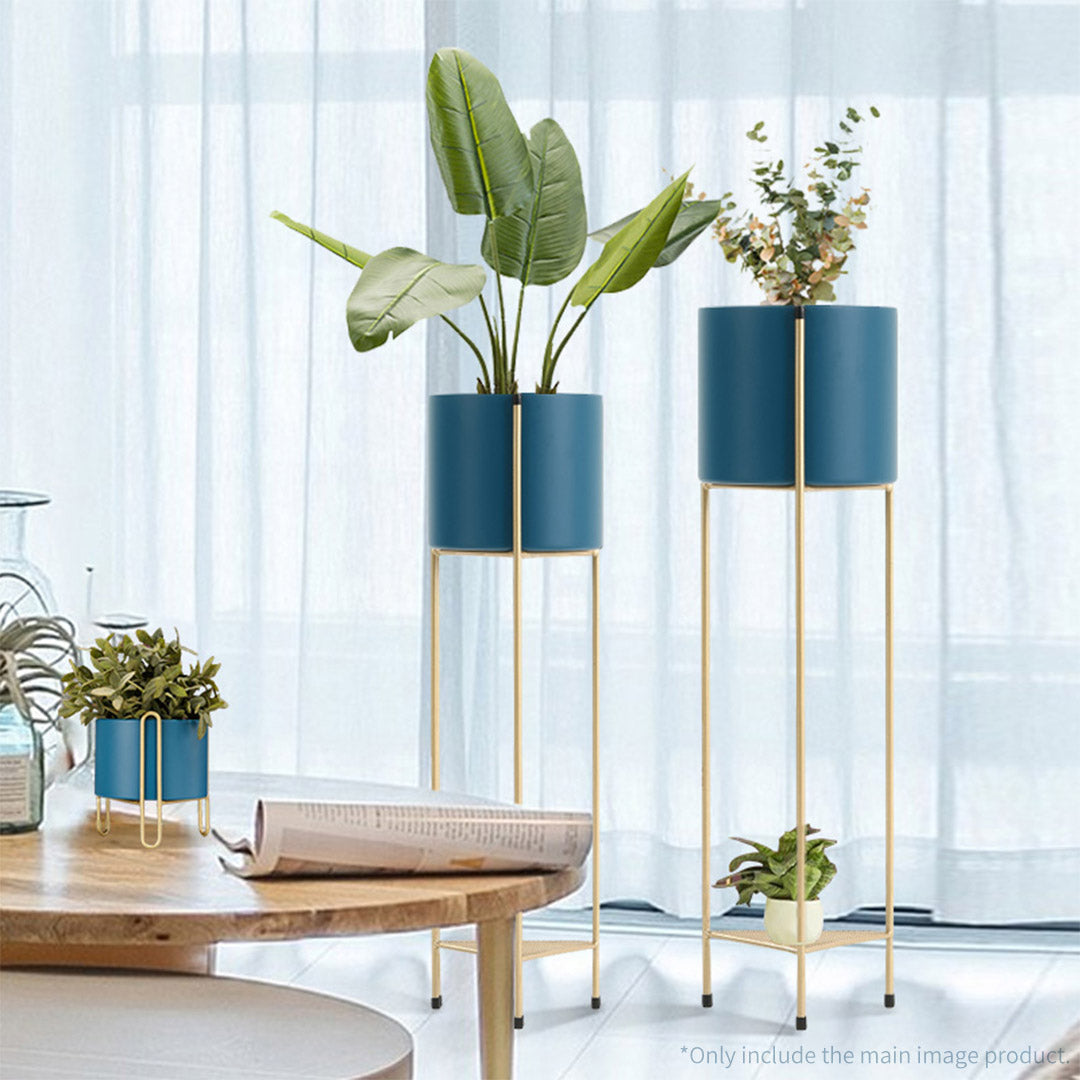 NNEAGS 4X 2 Layer 81cm Gold Metal Plant Stand with Blue Flower Pot Holder Corner Shelving Rack Indoor Display