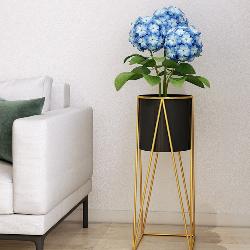NNEAGS 2X 50cm Gold Metal Plant Stand with Black Flower Pot Holder Corner Shelving Rack Indoor Display