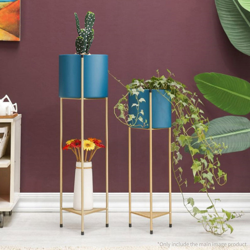 NNEAGS 4X 2 Layer 81cm Gold Metal Plant Stand with Blue Flower Pot Holder Corner Shelving Rack Indoor Display