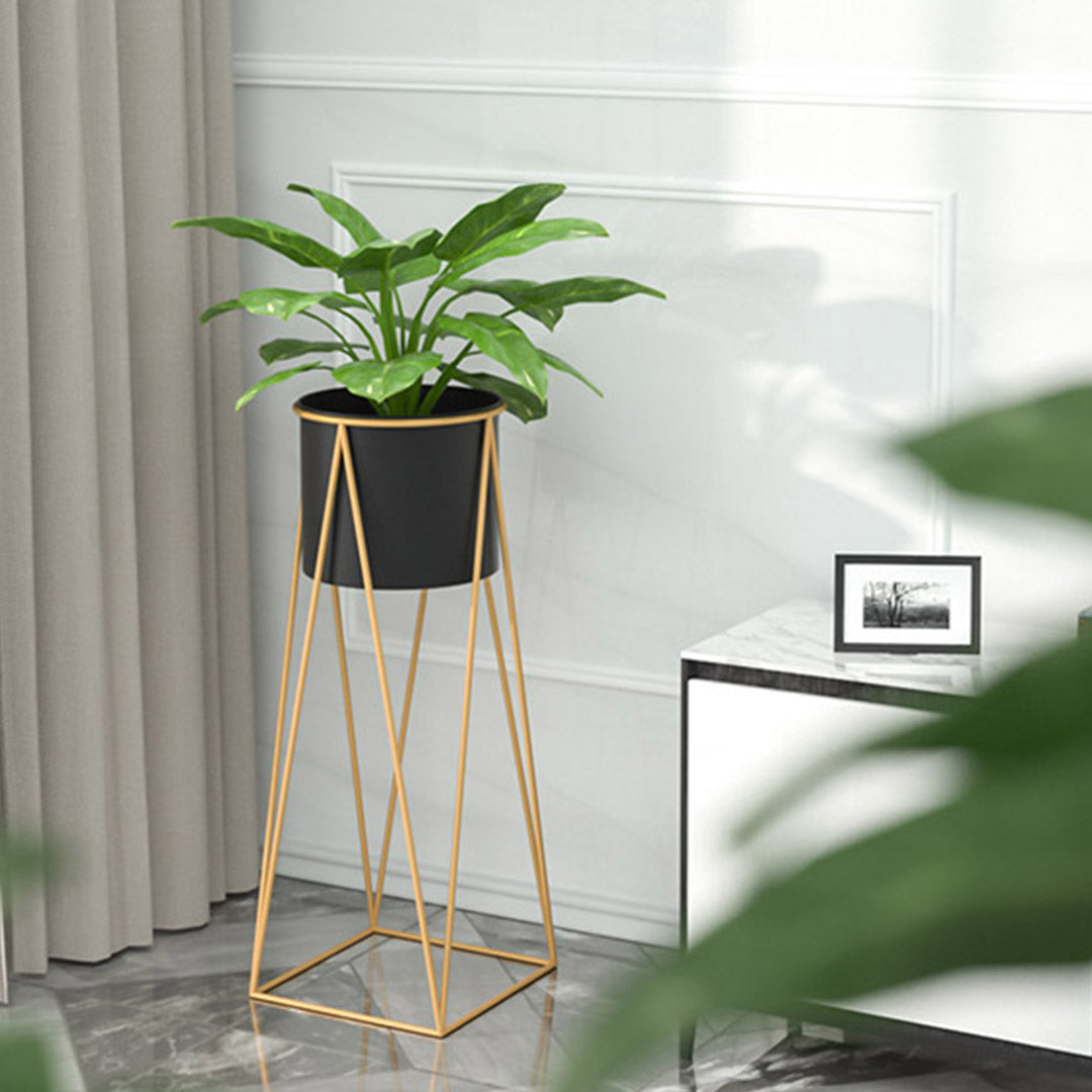 NNEAGS 2X 50cm Gold Metal Plant Stand with Black Flower Pot Holder Corner Shelving Rack Indoor Display