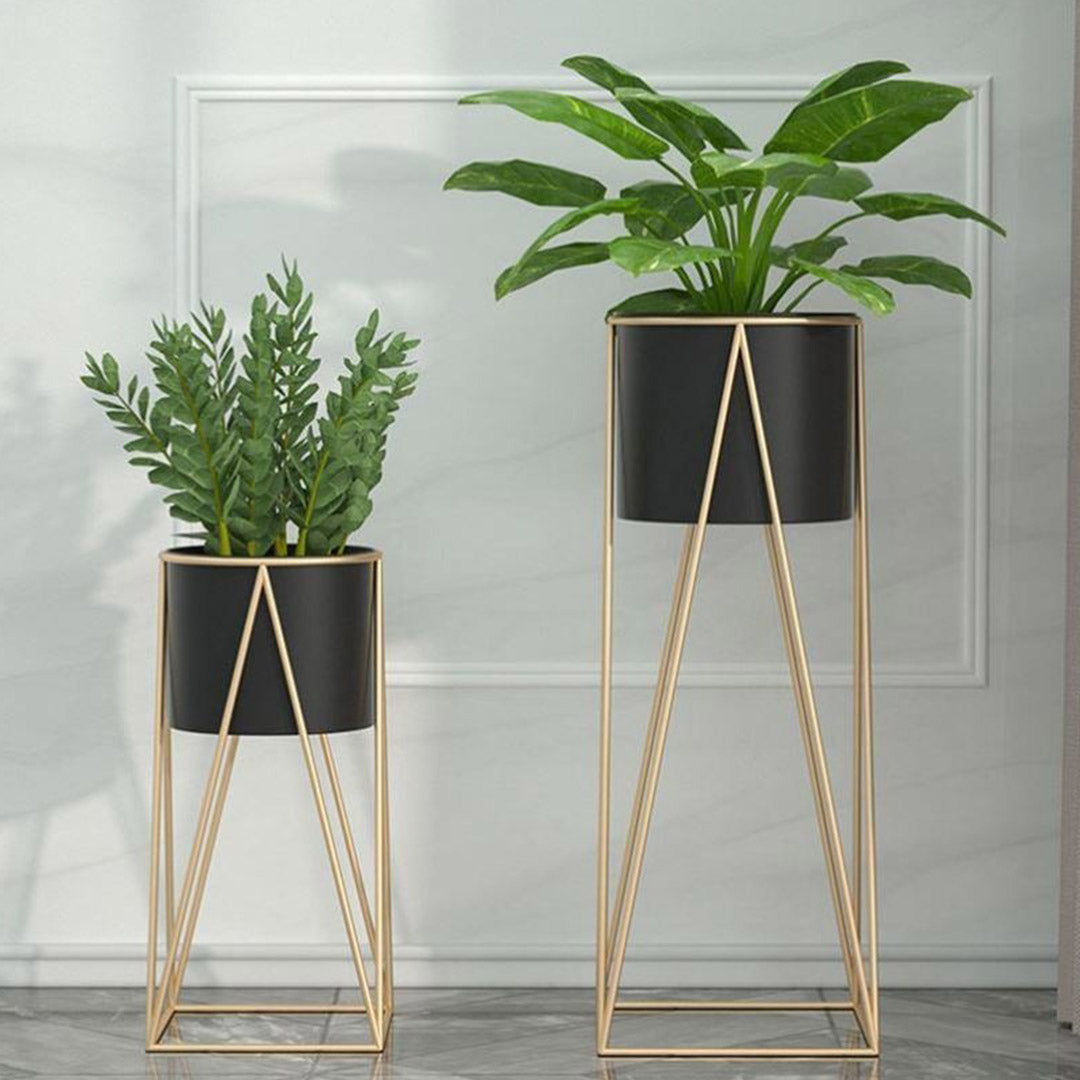 NNEAGS 2X 50cm Gold Metal Plant Stand with Black Flower Pot Holder Corner Shelving Rack Indoor Display