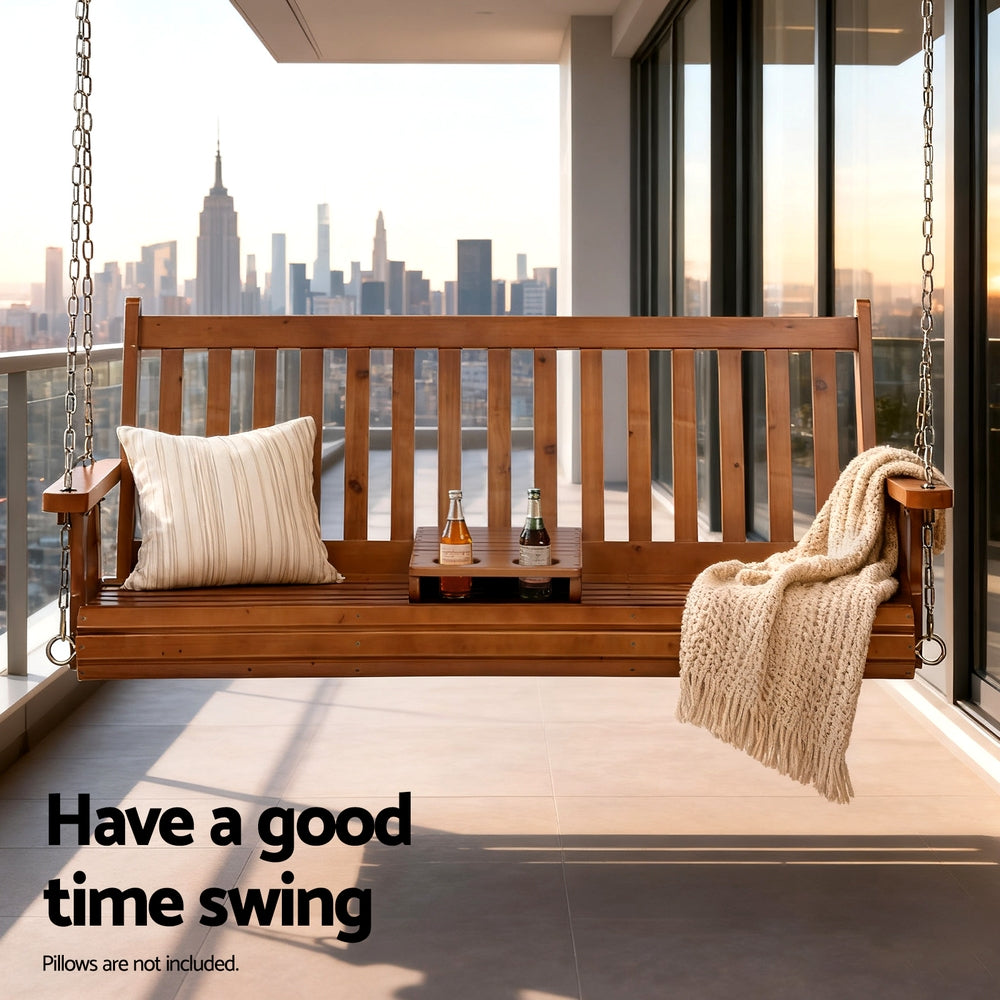 Gardeon Porch Outdoor Swing Chair Patio Furniture Wooden Bench 2 Seat Cup Holder