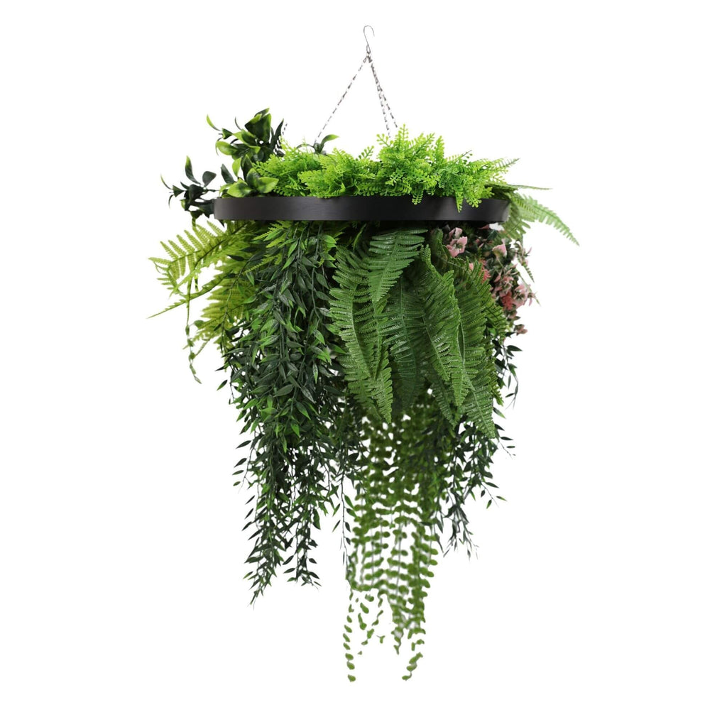 Black Artificial Hanging Plant Disc Chandelier with Trailing Foliage — 40cm UV Resistant