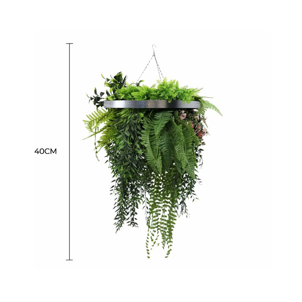 Black Artificial Hanging Plant Disc Chandelier with Trailing Foliage — 40cm UV Resistant