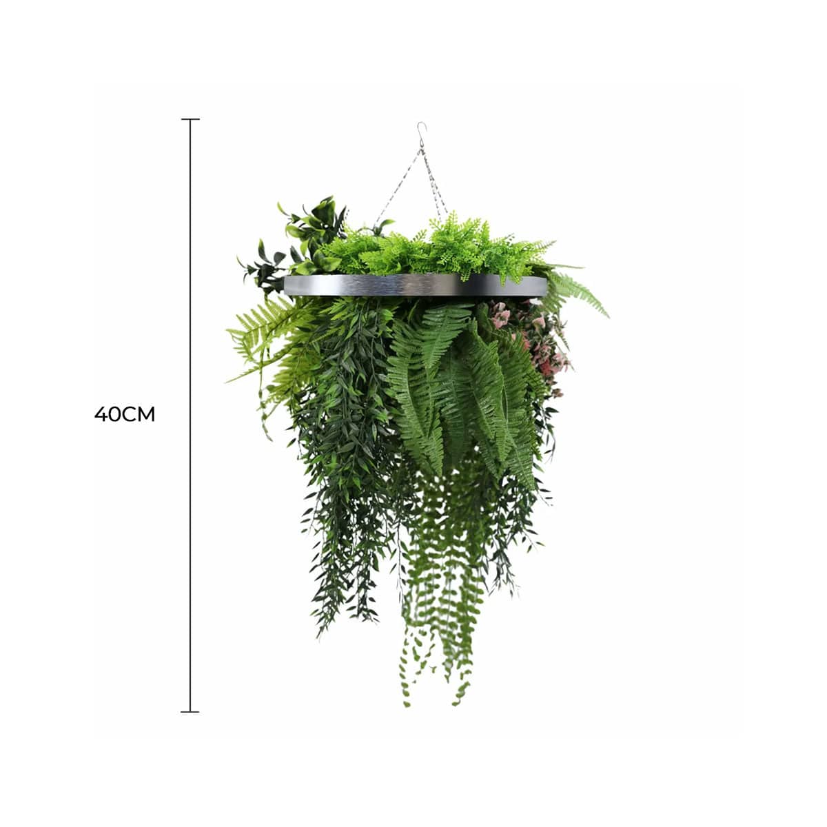 Black Artificial Hanging Plant Disc Chandelier with Trailing Foliage — 40cm UV Resistant