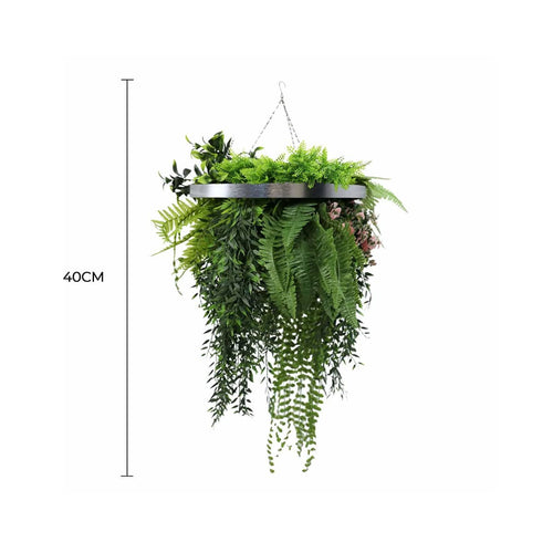 Black Artificial Hanging Plant Disc Chandelier with Trailing Foliage — 40cm UV Resistant