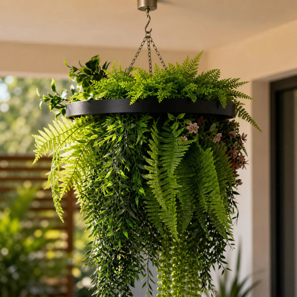 Black Artificial Hanging Plant Disc Chandelier with Trailing Foliage — 40cm UV Resistant