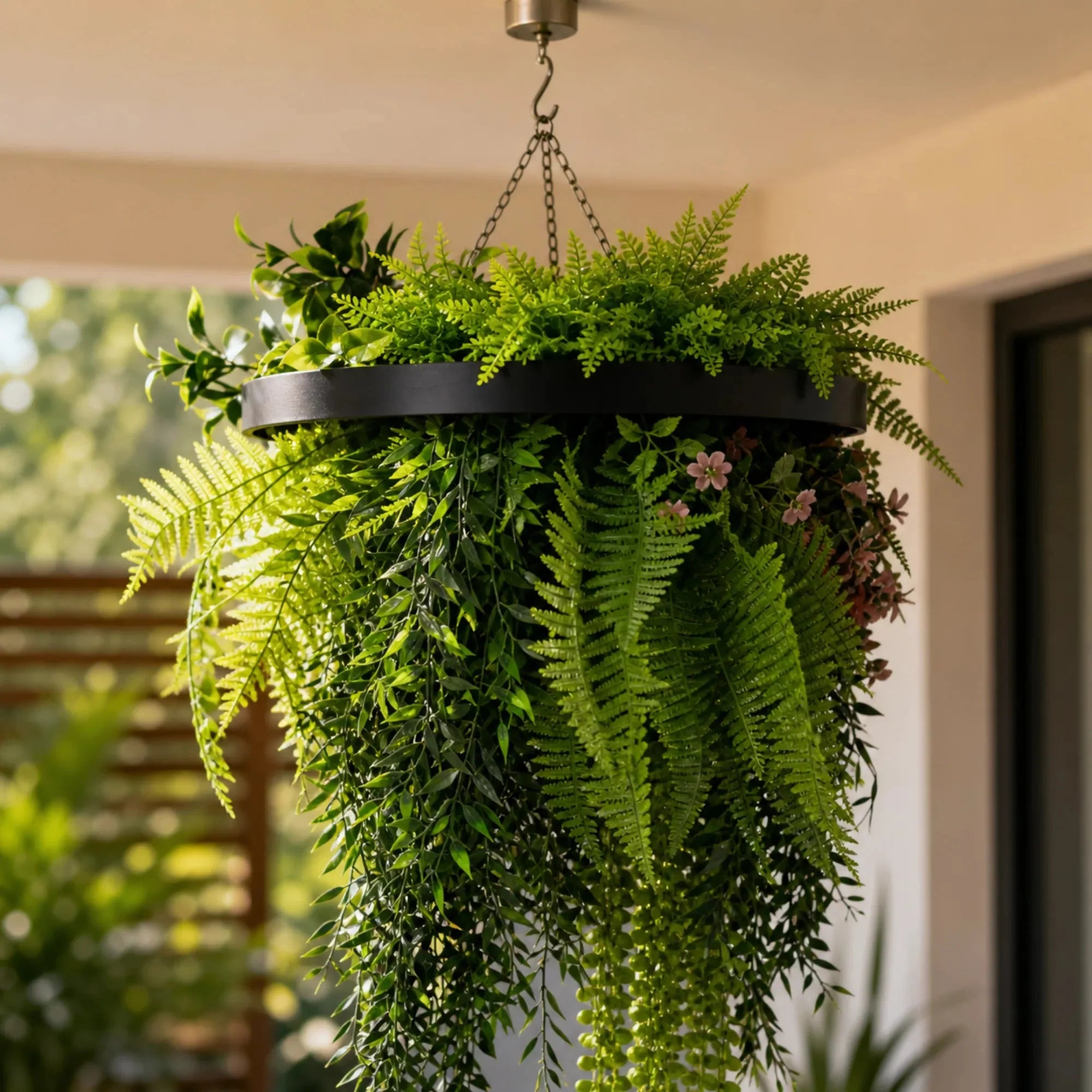 Black Artificial Hanging Plant Disc Chandelier with Trailing Foliage — 40cm UV Resistant