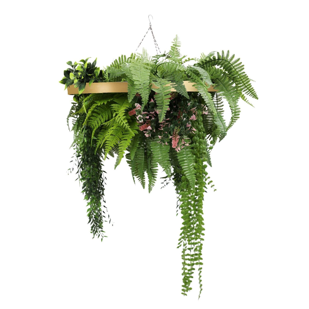 Gold Hanging Disc Green Wall Chandelier with Lifelike Trailing Foliage — 60cm UV Resistant
