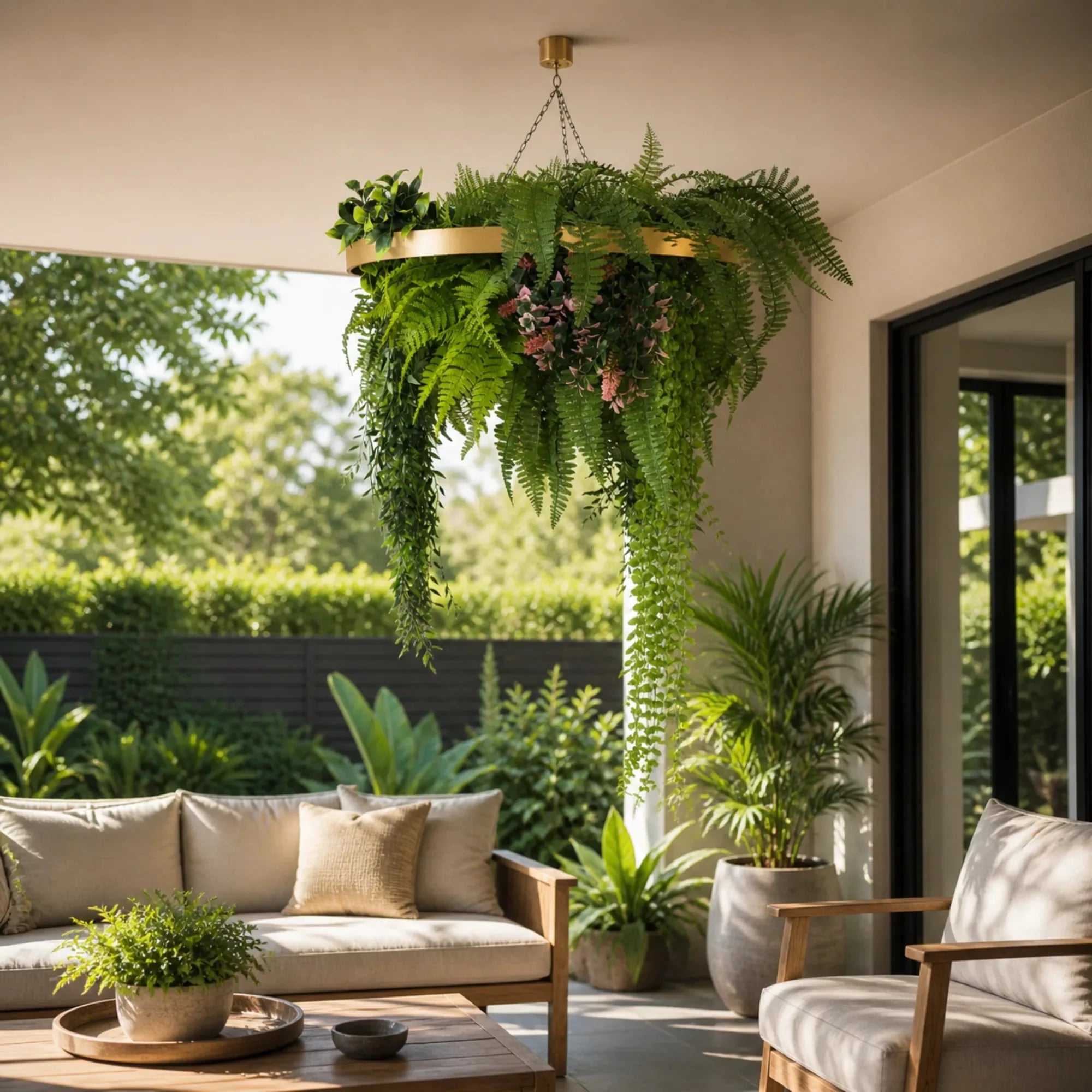 Gold Hanging Disc Green Wall Chandelier with Lifelike Trailing Foliage — 60cm UV Resistant