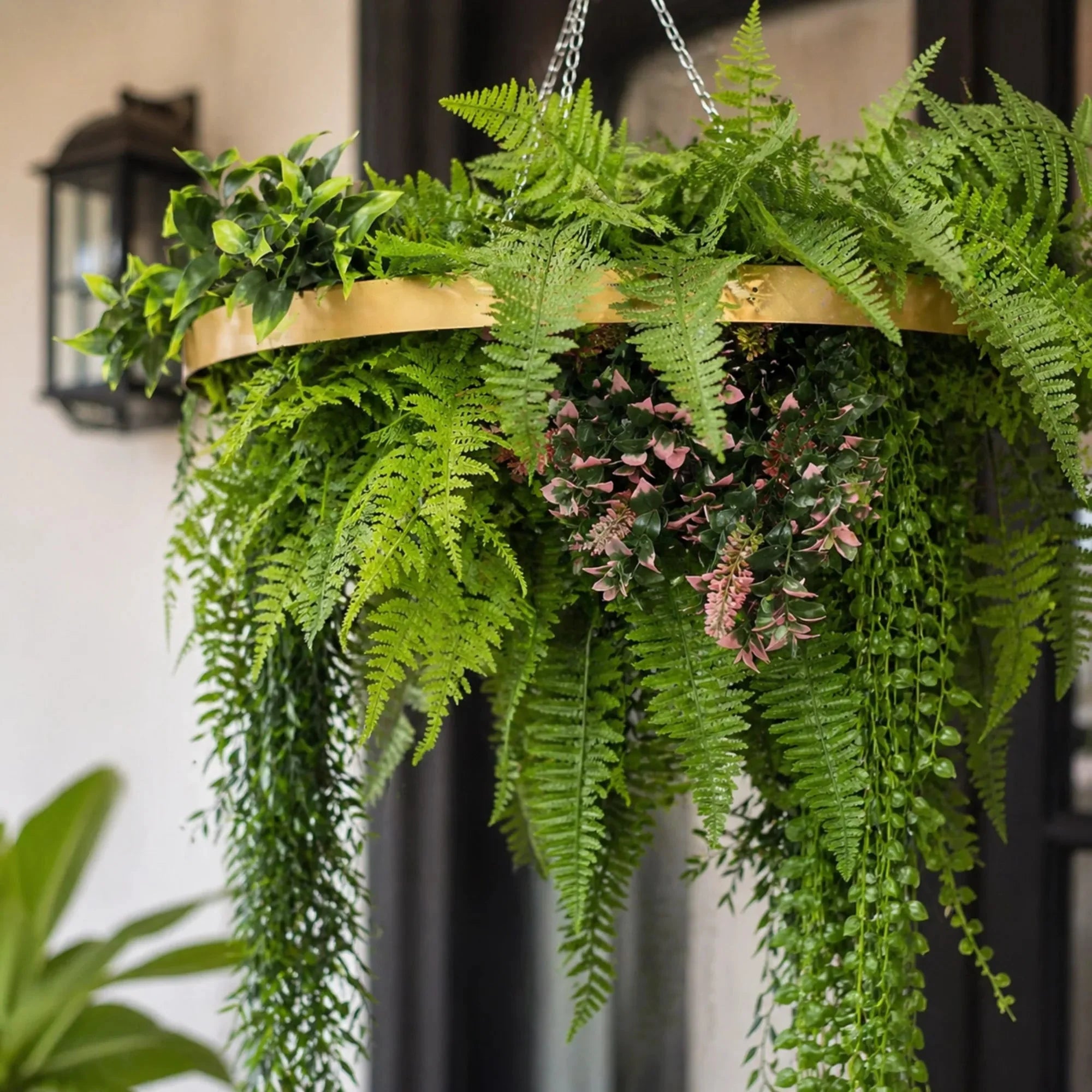 Gold Hanging Disc Green Wall Chandelier with Lifelike Trailing Foliage — 60cm UV Resistant
