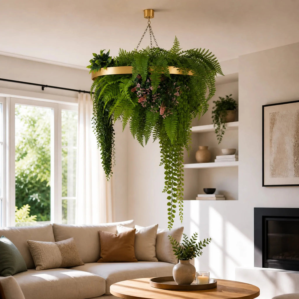 Gold Hanging Disc Green Wall Chandelier with Lifelike Trailing Foliage — 60cm UV Resistant