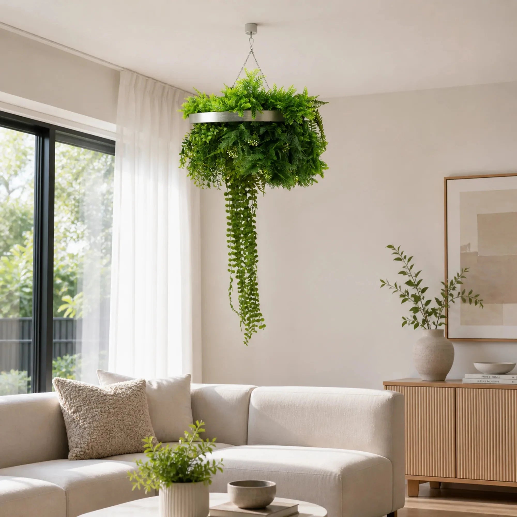 Silver Artificial Hanging Plant Disc Chandelier with Lifelike Trailing Foliage — 40cm UV Resistant