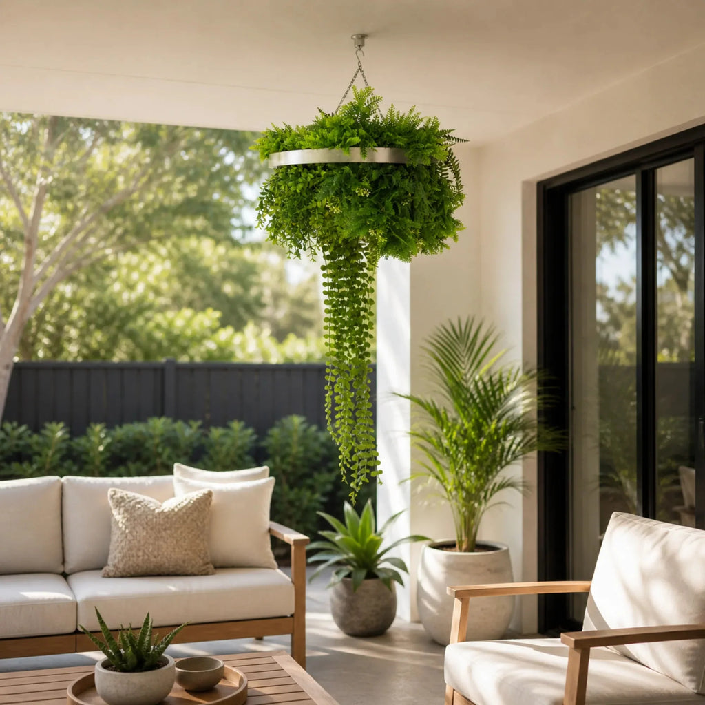 Silver Artificial Hanging Plant Disc Chandelier with Lifelike Trailing Foliage — 40cm UV Resistant