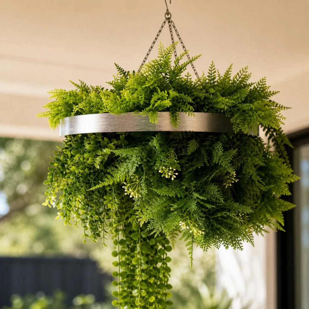 Silver Artificial Hanging Plant Disc Chandelier with Lifelike Trailing Foliage — 40cm UV Resistant